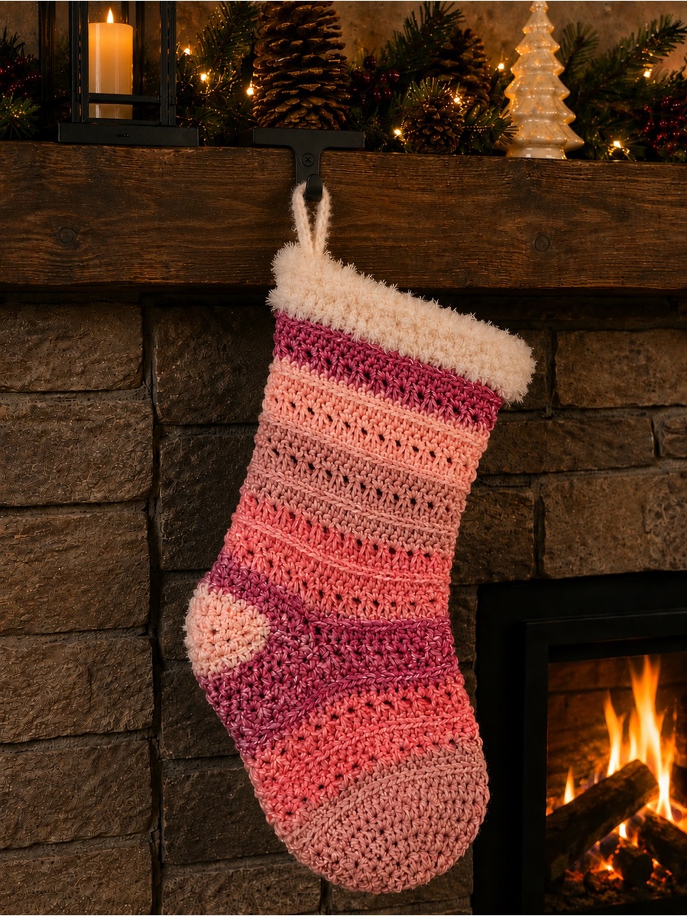 Handmade Pink Crochet Christmas Stocking Fluffy White Cuff Holiday Decor